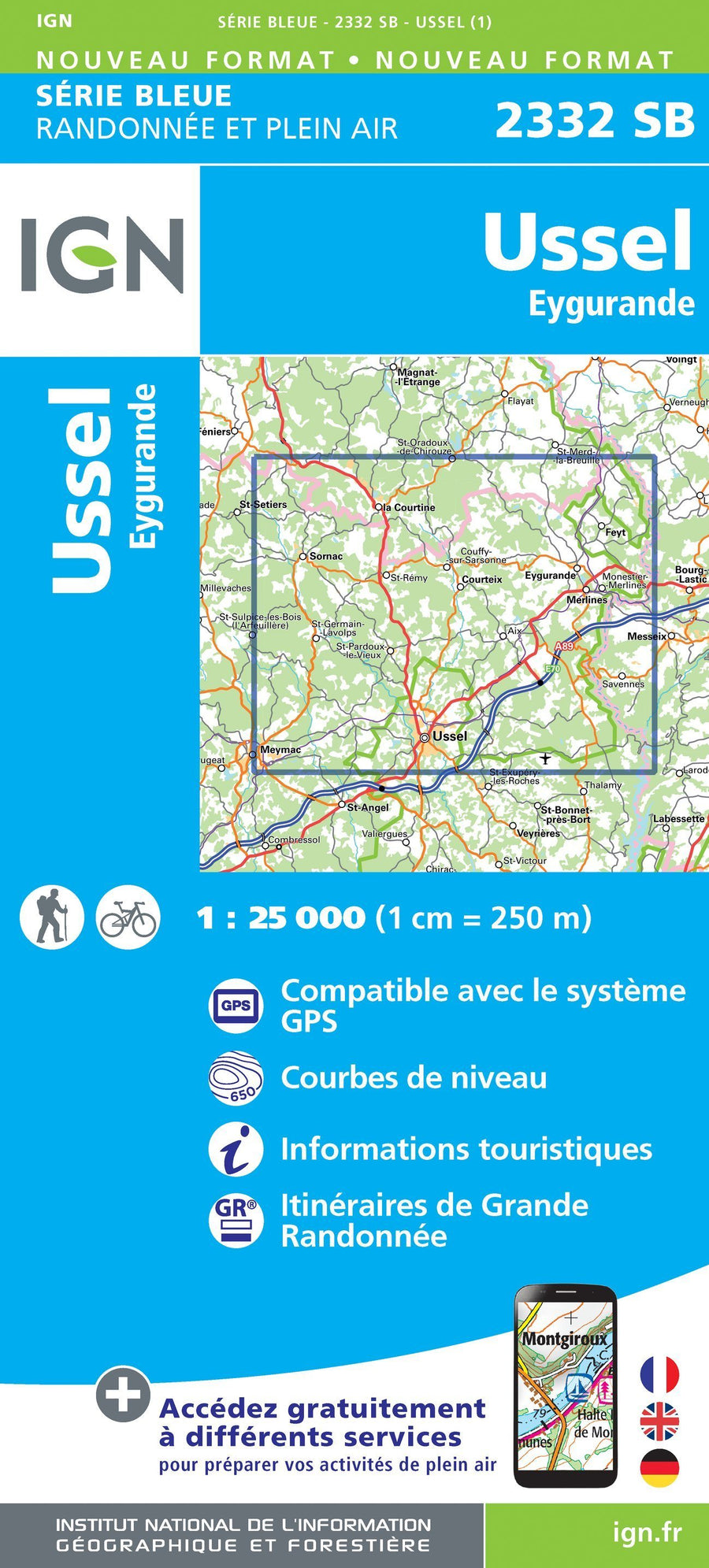 Carte de randonnée n° 2332 - Ussel, Eygurande | IGN - Série Bleue carte pliée IGN 