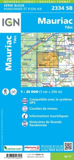 Carte de randonnée n° 2334 - Mauriac, Ydes (Cantal) | IGN - Série Bleue carte pliée IGN 