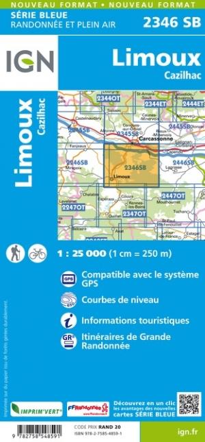 Carte de randonnée n° 2346 - Limoux, Cazilhac (Aude) | IGN - Série Bleue carte pliée IGN 