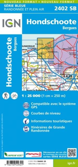 Carte de randonnée n° 2402 - Hondschoote, Bergues | IGN - Série Bleue carte de randonnée IGN