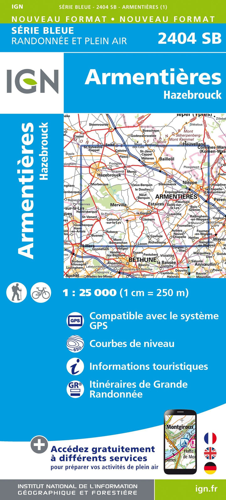 Carte de randonnée n° 2404 - Armentières, Hazebrouck | IGN - Série Bleue carte pliée IGN 