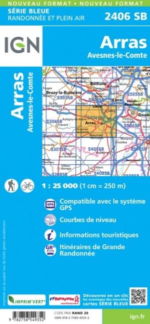 Carte de randonnée n° 2406 - Arras, Avesnes-le-Comte | IGN - Série Bleue carte de randonnée IGN