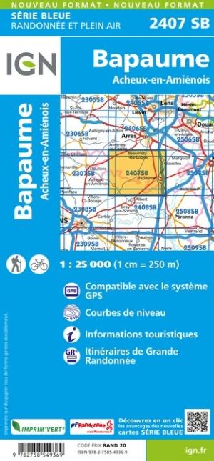 Carte de randonnée n° 2407 - Bapaume, Acheux-en-Amiénois | IGN - Série Bleue carte de randonnée IGN