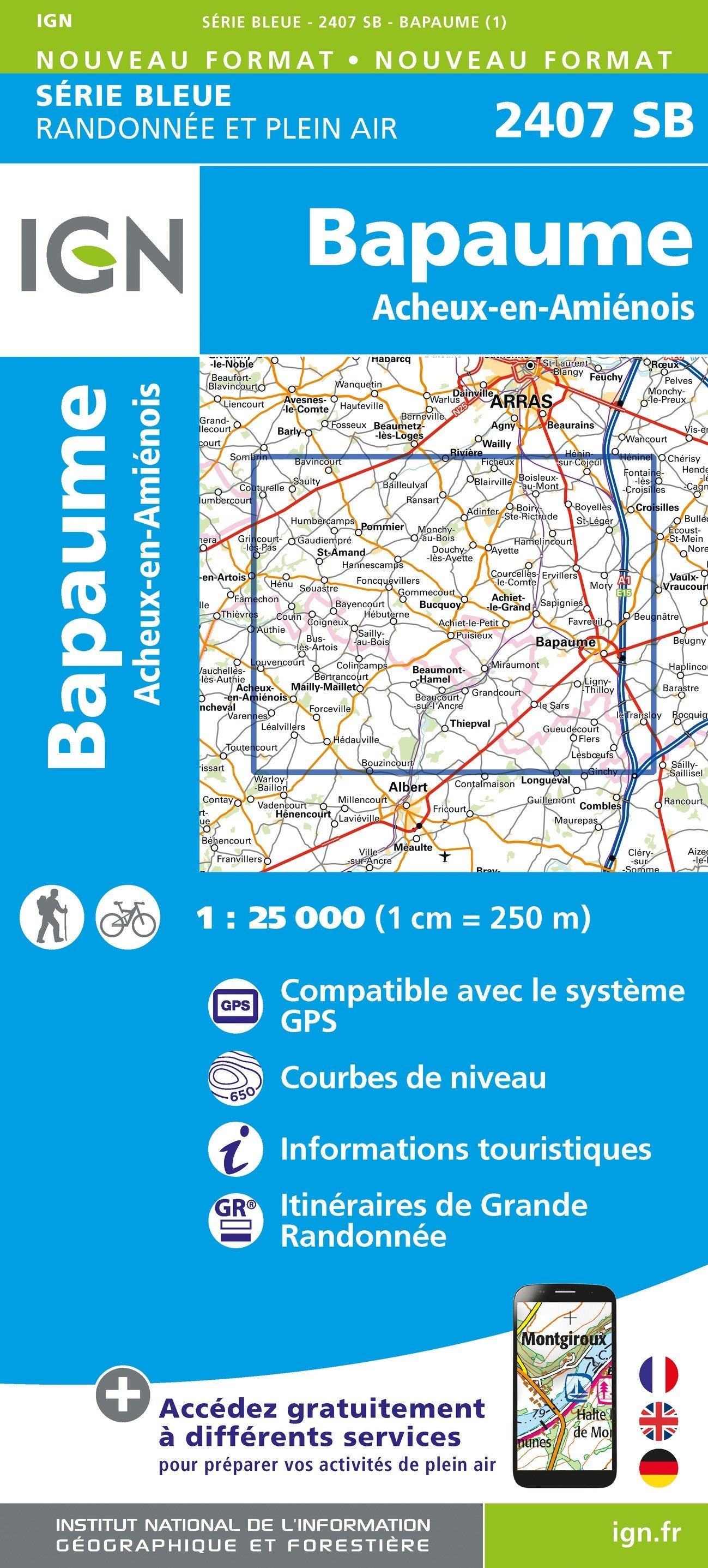 Carte de randonnée n° 2407 - Bapaume, Acheux-en-Amiénois | IGN - Série Bleue carte de randonnée IGN