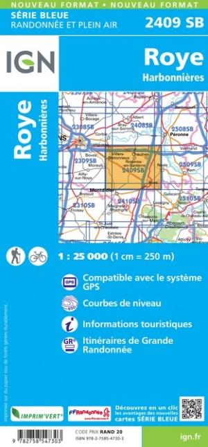 Carte de randonnée n° 2409 - Roye, Harbonnières | IGN - Série Bleue carte pliée IGN 
