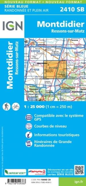 Carte de randonnée n° 2410 - Montdidier, Ressons-sur-Matz (Oise, Somme) | IGN - Série Bleue carte de randonnée IGN