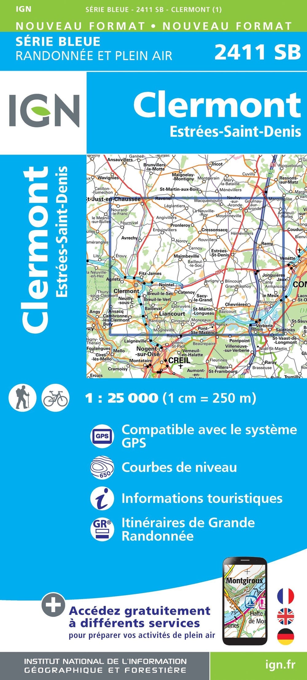 Carte de randonnée n° 2411 - Clermont, Estrées-Saint-Denis | IGN - Série Bleue carte pliée IGN 