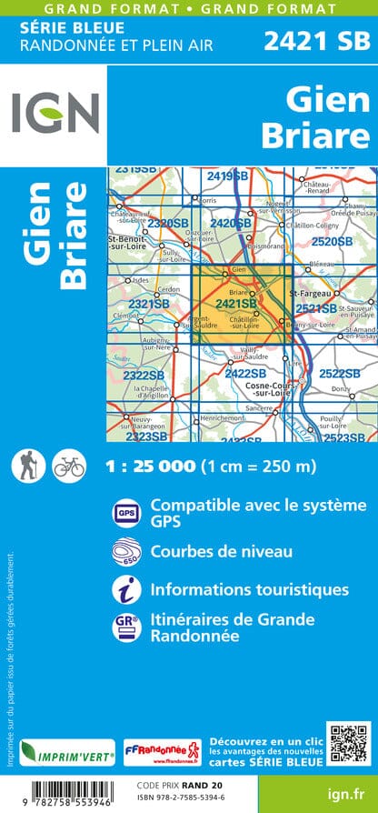 Carte de randonnée n° 2421 - Gien, Briare | IGN - Série Bleue carte de randonnée IGN