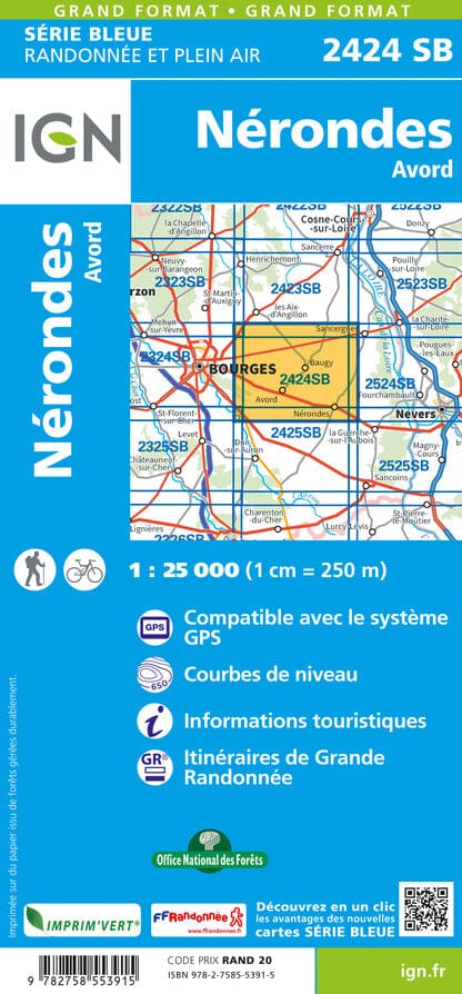 Carte de randonnée n° 2424 - Nérondes, Avord | IGN - Série Bleue carte de randonnée IGN