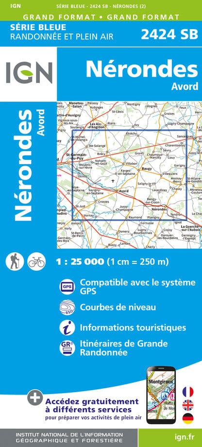 Carte de randonnée n° 2424 - Nérondes, Avord | IGN - Série Bleue carte de randonnée IGN