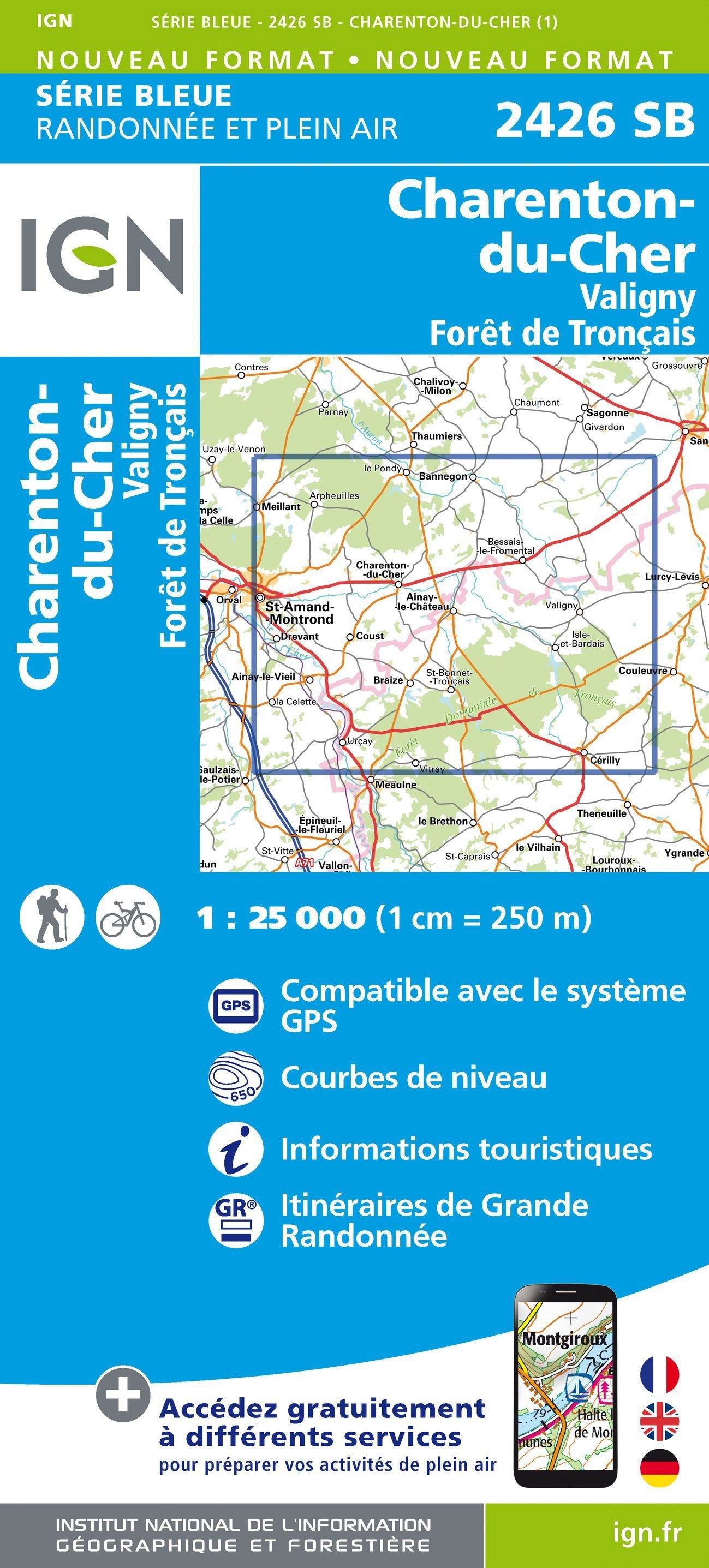 Carte de randonnée n° 2426 - Charenton-du-Cher, Valigny, Forêt de Tronçais | IGN - Série Bleue carte de randonnée IGN Default Title