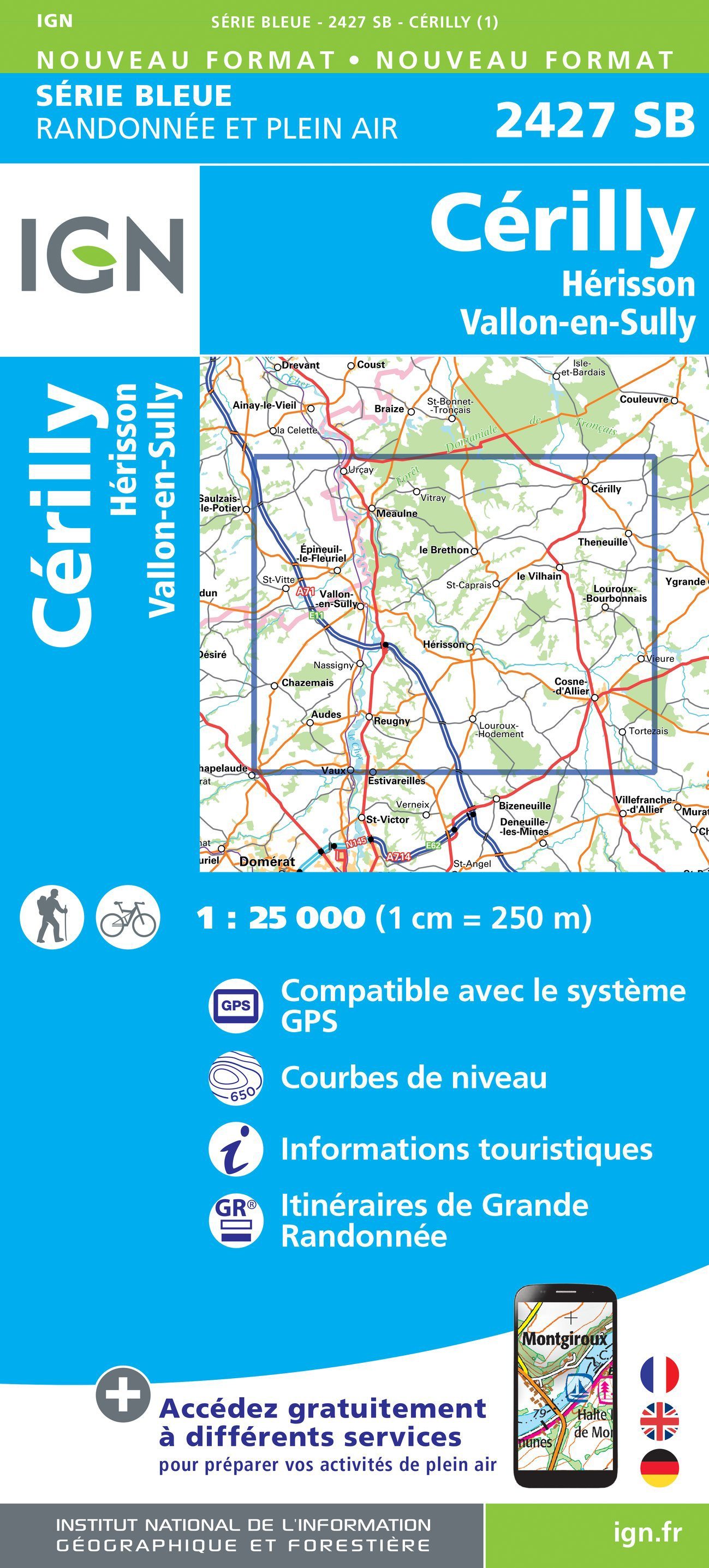 Carte de randonnée n° 2427 - Cérilly, Hérisson, Vallon-en-Sully | IGN - Série Bleue carte de randonnée IGN Default Title