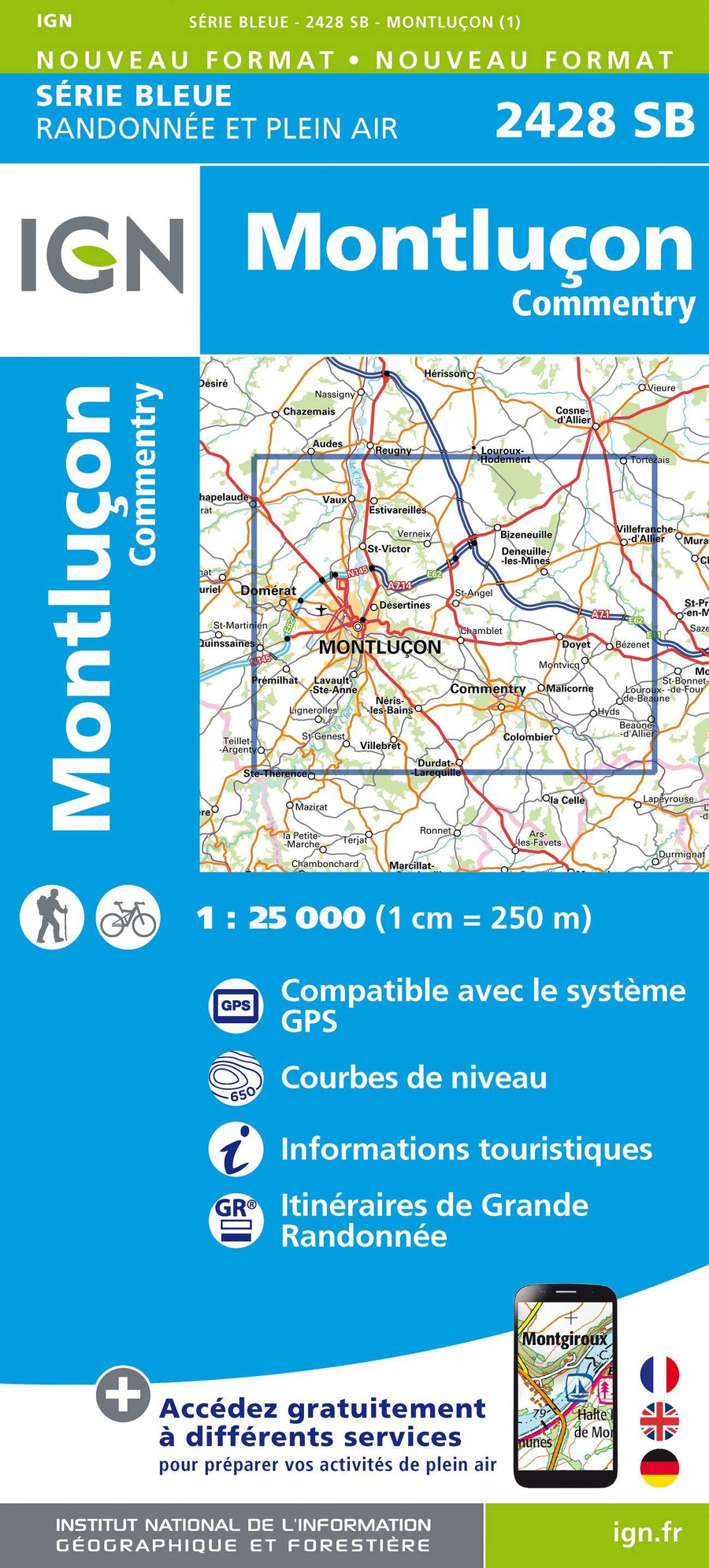 Carte de randonnée n° 2428 - Montluçon, Commentry | IGN - Série Bleue carte pliée IGN 