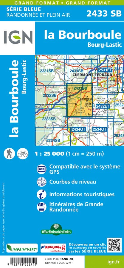 Carte de randonnée n° 2433 - La Bourboule, Bourg-Lastic | IGN - Série Bleue carte de randonnée IGN