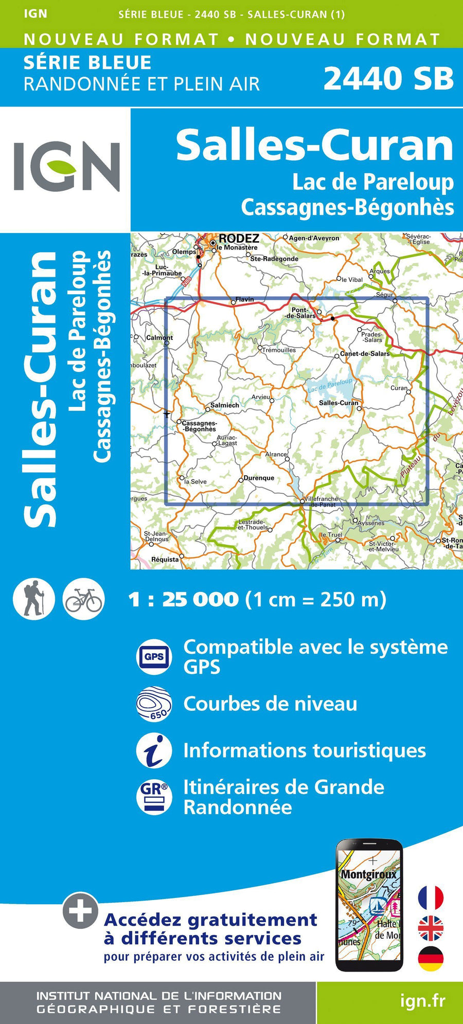Carte de randonnée n° 2440 - Salles-Curan, Lac de Pareloup, Cassagnes, Begonhes | IGN - Série Bleue carte pliée IGN 