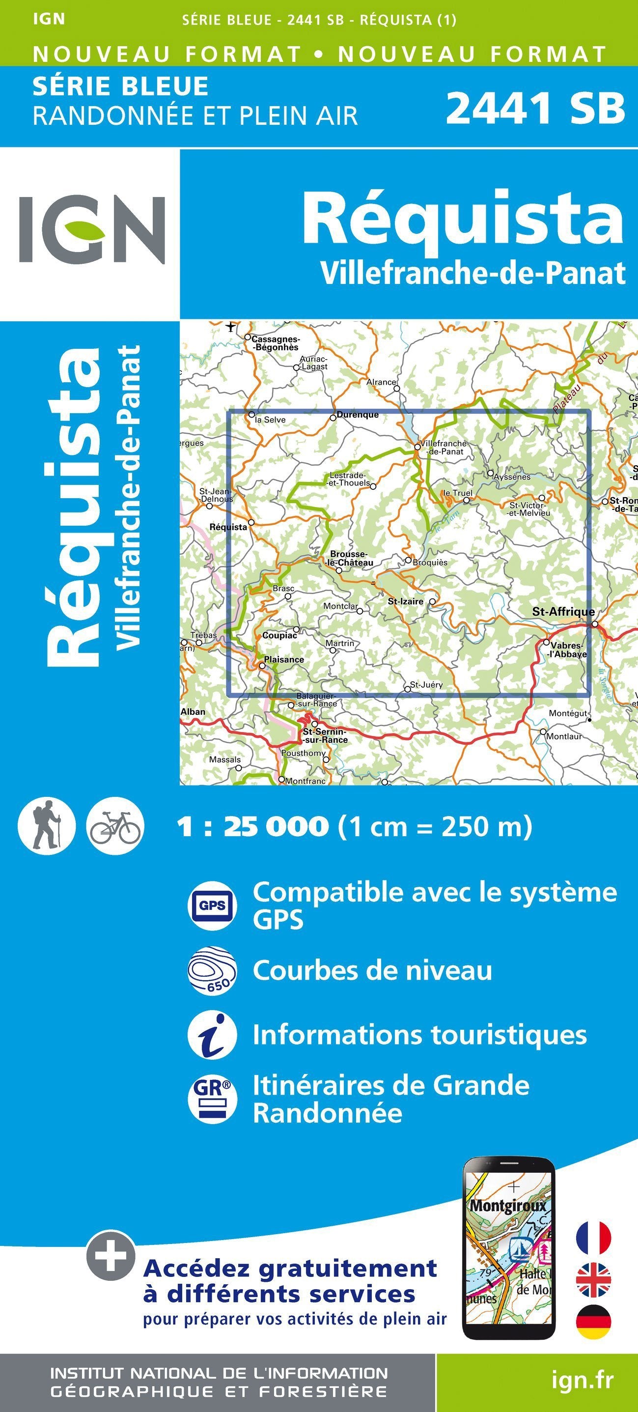 Carte de randonnée n° 2441 - Réquista, Villefranche-de-Panat | IGN - Série Bleue carte de randonnée IGN Default Title