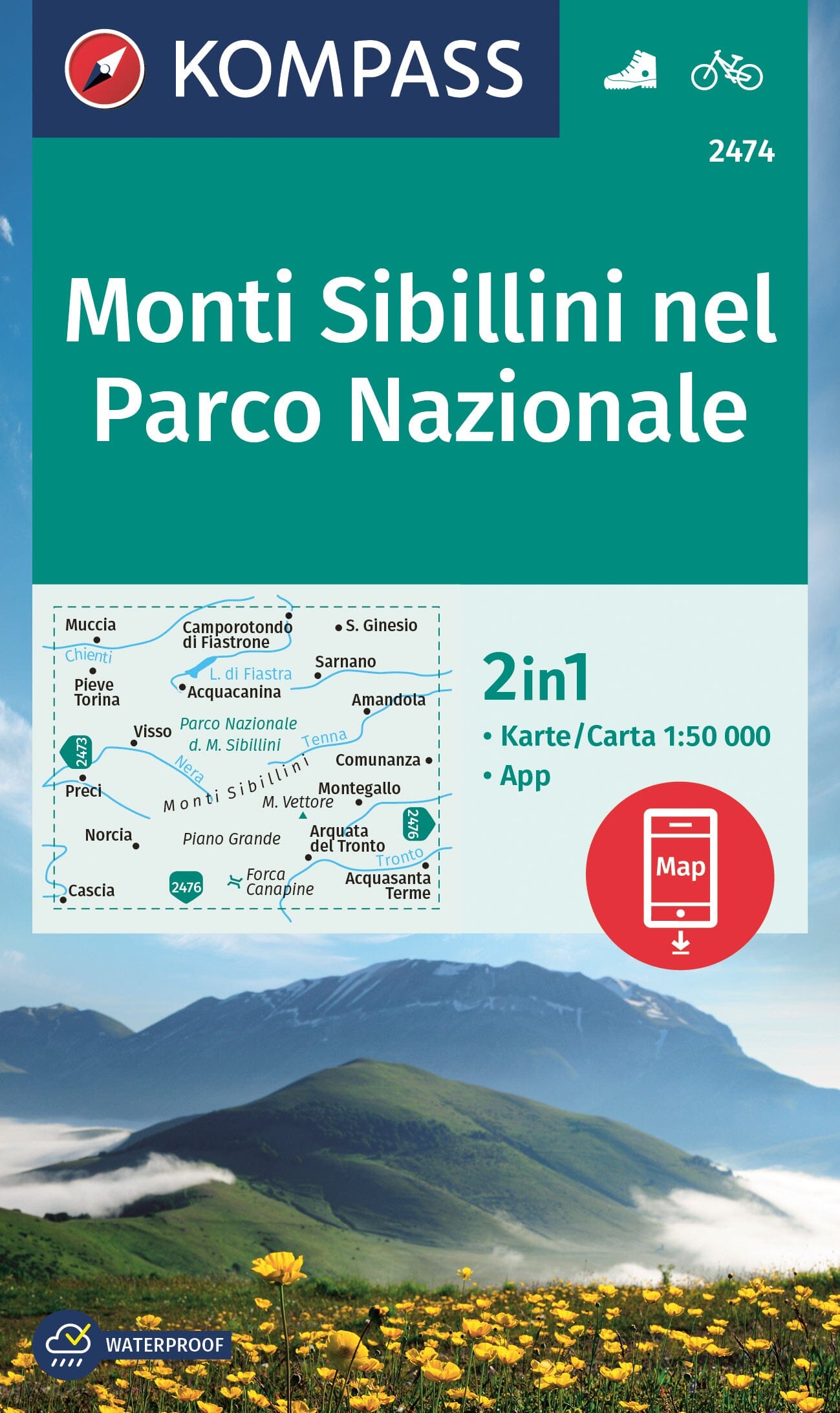 Carte de randonnée n° 2474 - Parc national des monts Sibyllins (Apennins, Italie) | Kompass carte de randonnée Kompass