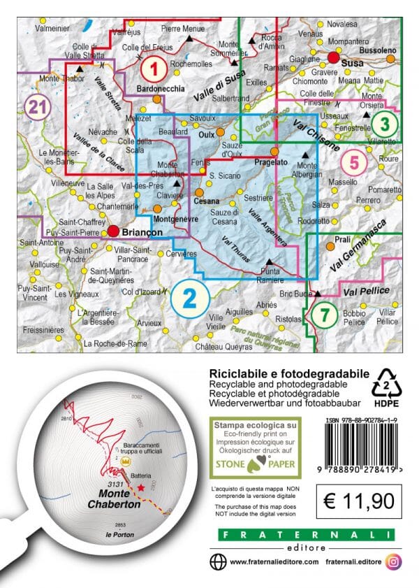 Carte de randonnée n° 25-02 - Alta Valle Susa, Alta Val Chisone | Fraternali - 1/25 000 carte pliée Fraternali 
