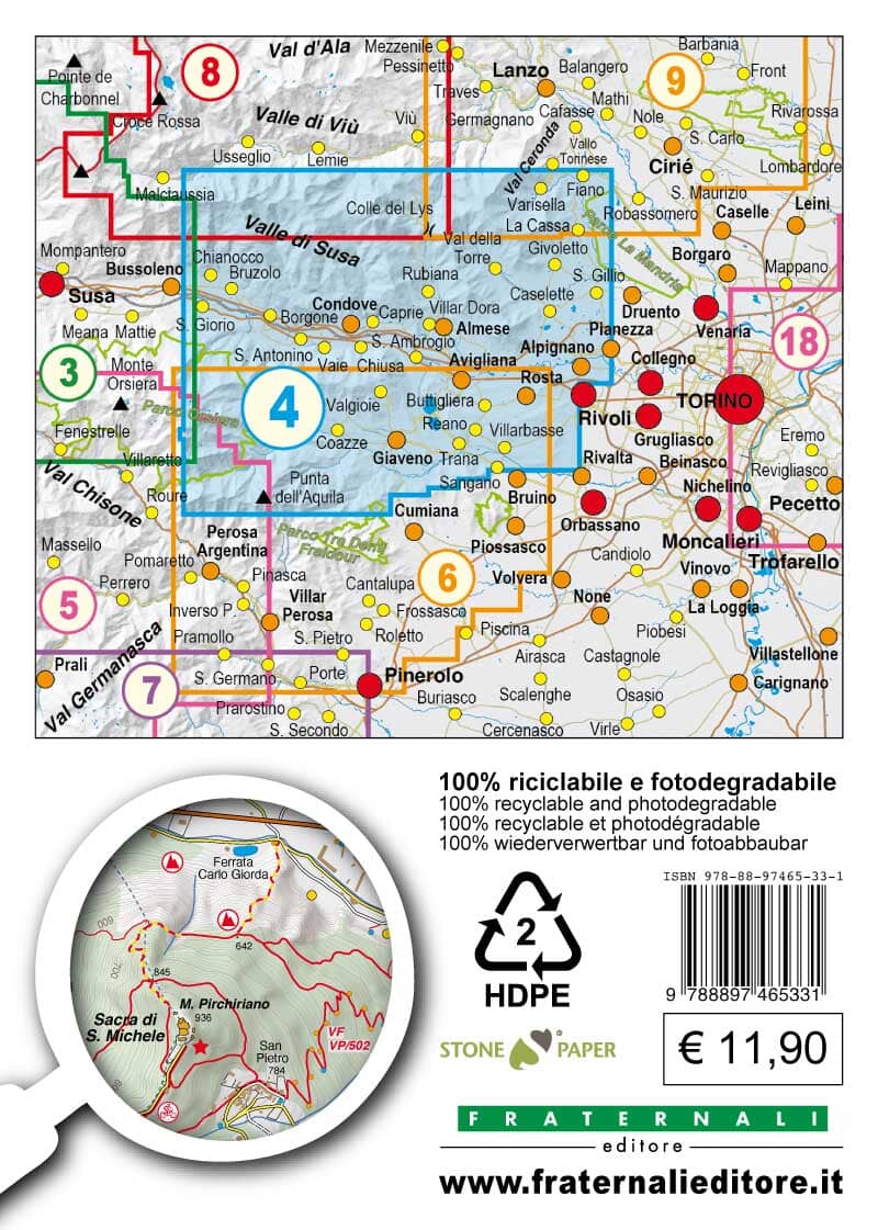 Carte de randonnée n° 04 - Bassa Valle Susa, Musinè, Val Sangone, Collina di Rivoli | Fraternali - 1/25 000 carte de randonnée Fraternali
