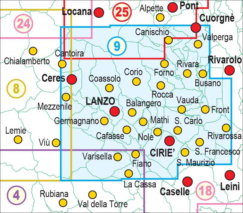 Carte de randonnée n° 25-09 - Basse Valli di Lanzo, Alto Canavese | Fraternali - 1/25 000 carte pliée Fraternali 