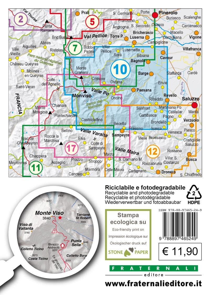 Carte de randonnée n° 25-10 - Valle Po, Monviso, Monte Bracco | Fraternali - 1/25 000 carte pliée Fraternali 
