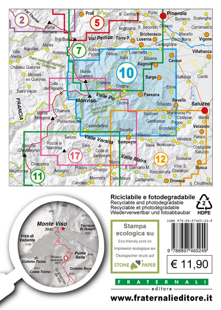 Carte de randonnée n° 25-10 - Valle Po, Monviso, Monte Bracco | Fraternali - 1/25 000 carte pliée Fraternali 