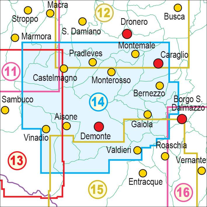 Carte de randonnée n° 25-14 - Bassa Valle Stura di Demonte, Val Grana | Fraternali - 1/25 000 carte pliée Fraternali 
