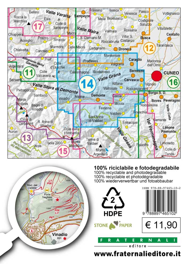 Carte de randonnée n° 25-14 - Bassa Valle Stura di Demonte, Val Grana | Fraternali - 1/25 000 carte pliée Fraternali 