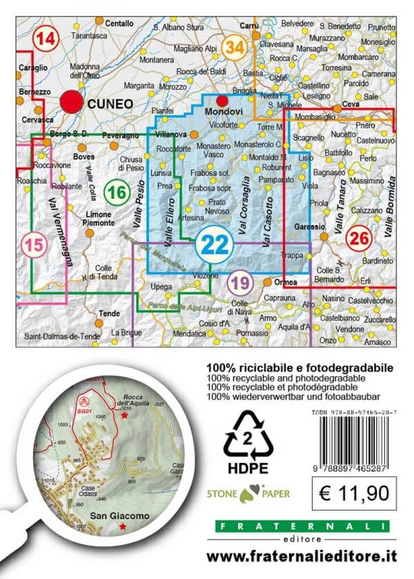 Carte de randonnée n° 25-22 - Mondovì, Valle Ellero, Val Maudagna, Val Corsaglia | Fraternali - 1/25 000 carte pliée Fraternali 