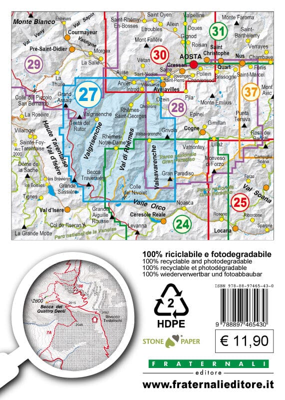 Carte de randonnée n° 27 - Valgrisenche, Val di Rhêmes, Valsavaranche, Gran Paradiso | Fraternali - 1/25 000 carte de randonnée Fraternali