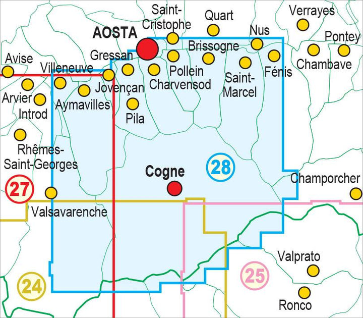 Carte de randonnée n° 25-28 - Aosta, Pila, Valle di Cogne, Gran Paradiso | Fraternali - 1/25 000 carte pliée Fraternali 