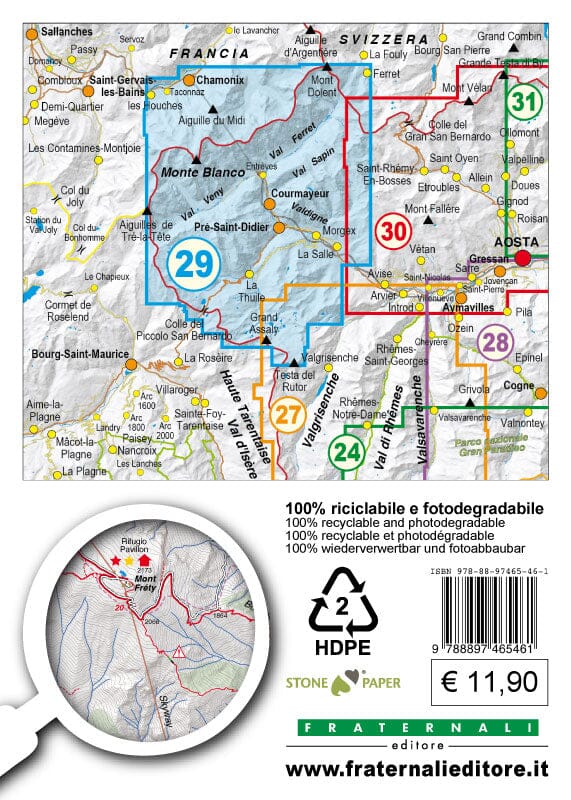 Carte de randonnée n° 25-29 - Monte Bianco, Courmayeur, Chamonix, La Thuile | Fraternali - 1/25 000 carte pliée Fraternali 