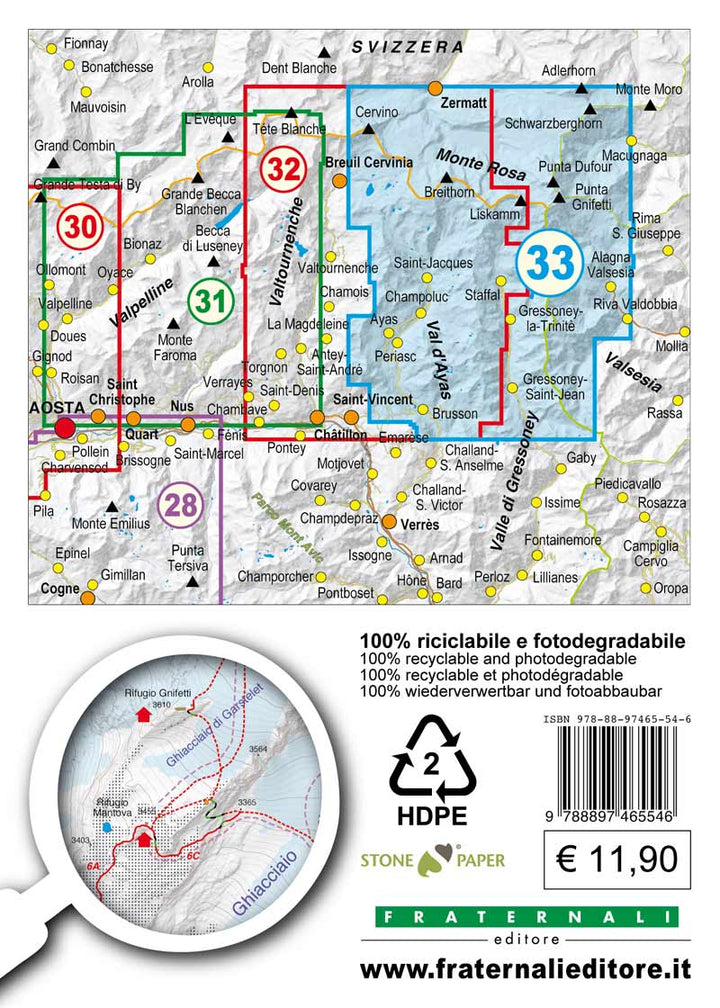 Carte de randonnée n° 25-33 - Monte Rosa, Upper Gressoney Valley, Upper Val d'Ayas | Fraternali - 1/25 000 carte pliée Fraternali 