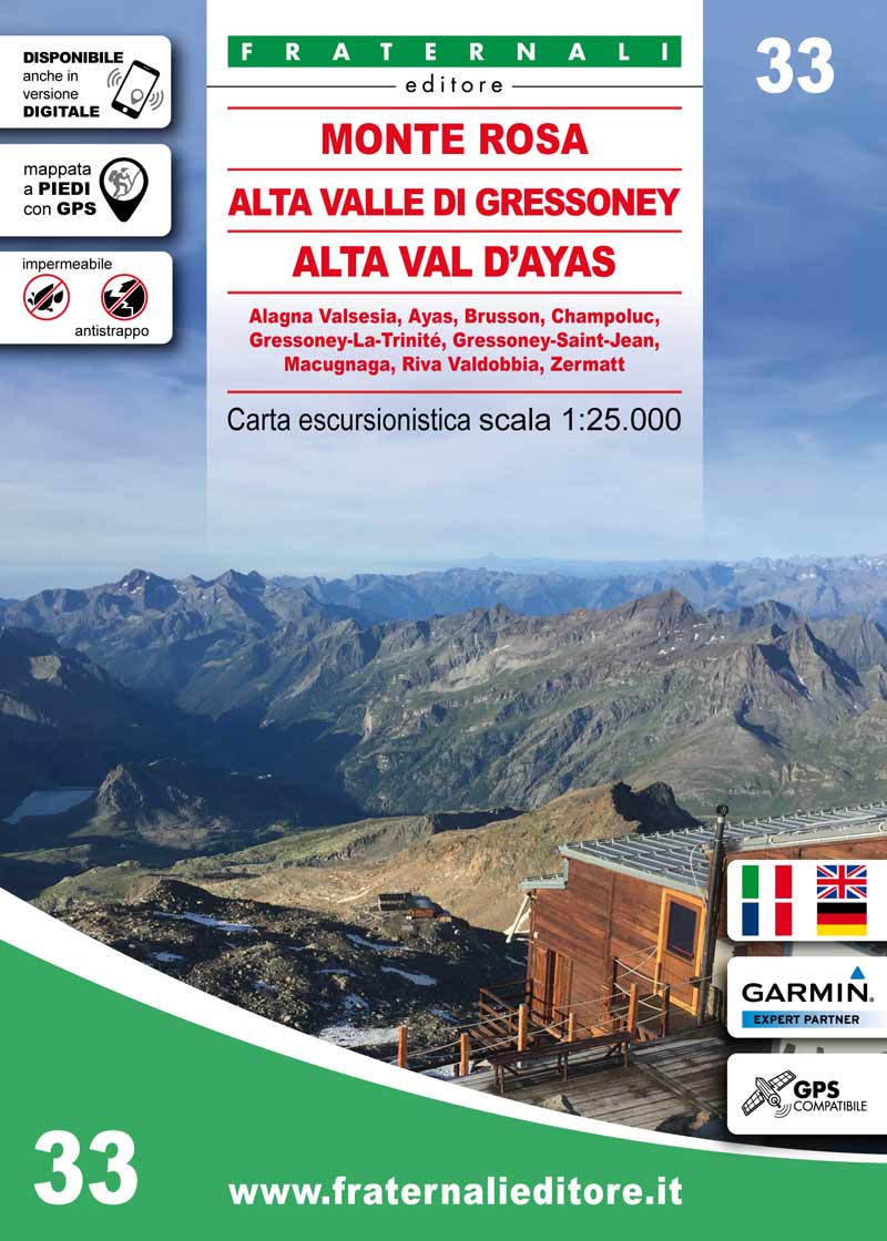 Carte de randonnée n° 25-33 - Monte Rosa, Upper Gressoney Valley, Upper Val d'Ayas | Fraternali - 1/25 000 carte pliée Fraternali 