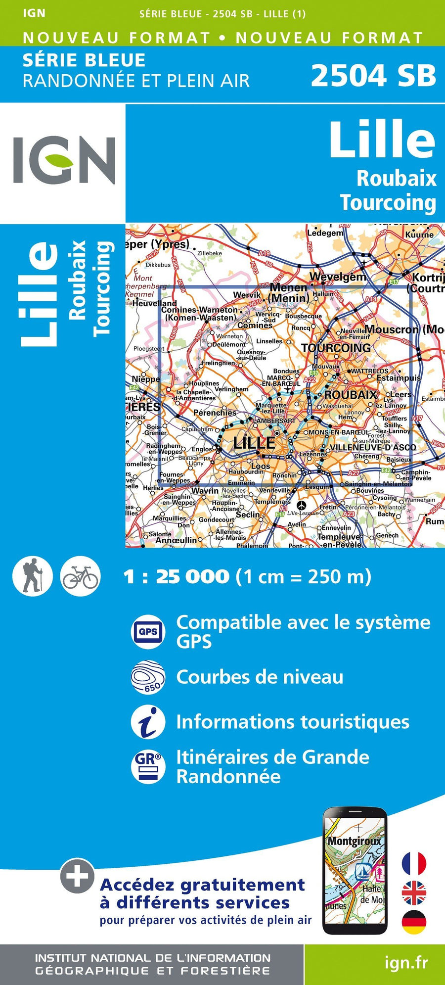 Carte de randonnée n° 2504 - Lille, Roubaix, Tourcoing | IGN - Série Bleue carte pliée IGN 