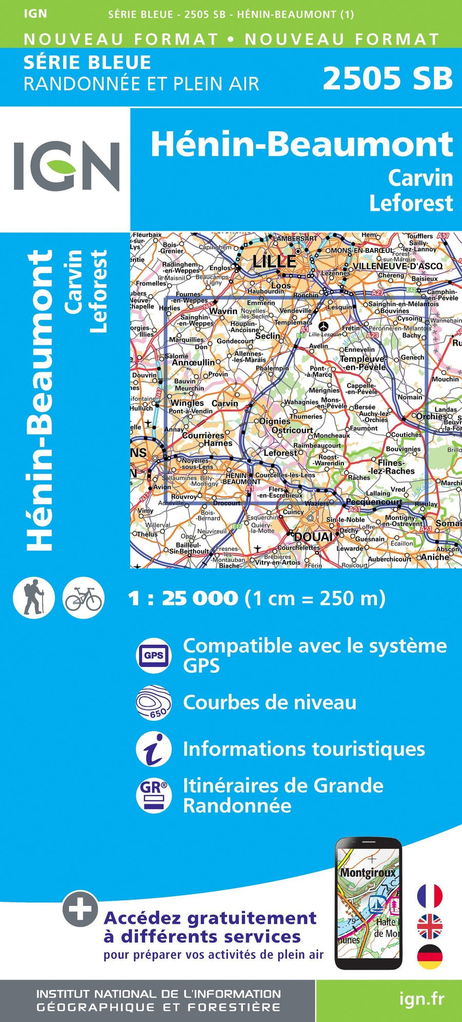 Carte de randonnée n° 2505 - Hénin-Beaumont, Carvin, Leforest | IGN - Série Bleue carte pliée IGN 