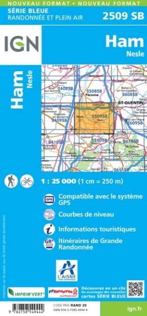 Carte de randonnée n° 2509 - Ham, Nesle | IGN - Série Bleue carte de randonnée IGN