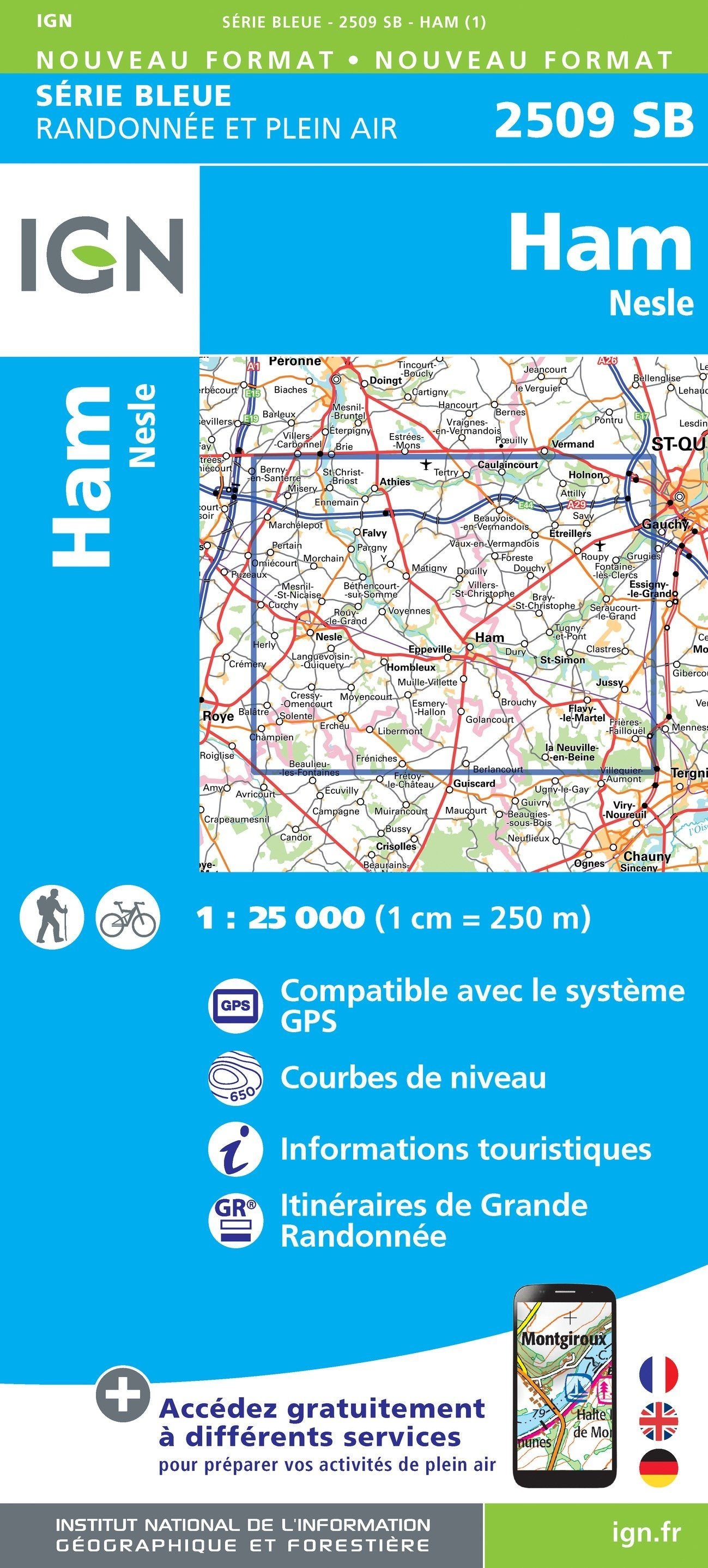 Carte de randonnée n° 2509 - Ham, Nesle | IGN - Série Bleue carte de randonnée IGN