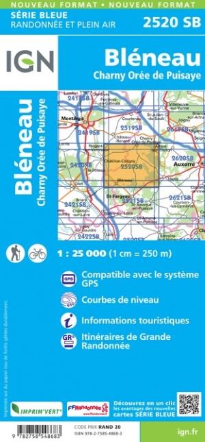 Carte de randonnée n° 2520 - Bléneau, Charny, Orée de Puisaye | IGN - Série Bleue carte de randonnée IGN