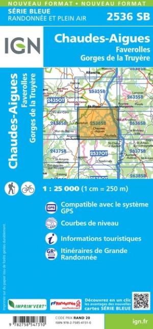 Carte de randonnée n° 2536 - Chaudes-Aigues, Faverolles, Gorges de la Truyère | IGN - Série Bleue carte pliée IGN 