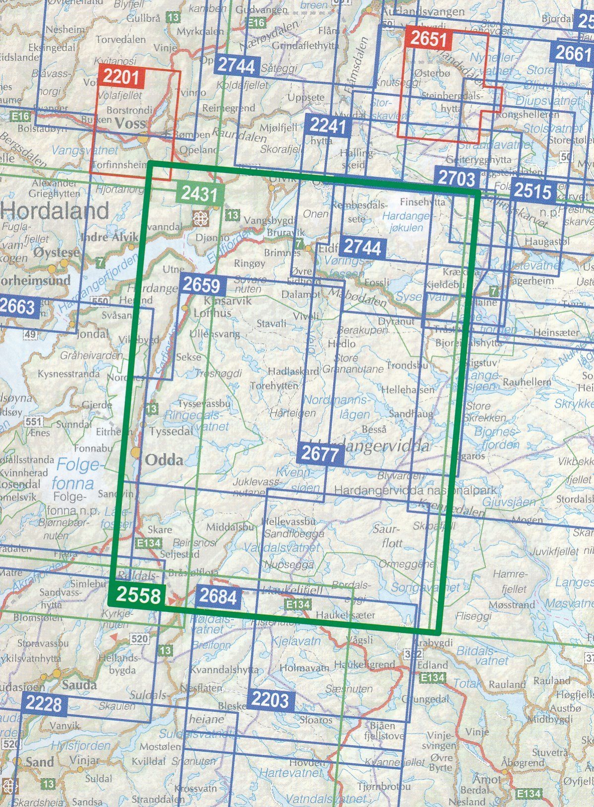 Carte de randonnée n° 2558 - Hardangervidda Ouest (Norvège) | Nordeca - Turkart 1/100 000 carte de randonnée Nordeca