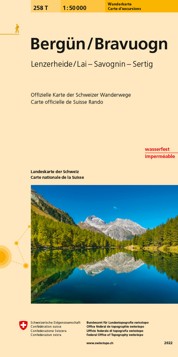 Carte de randonnée imperméable n° 258T - Bergün, Bravuogn (Suisse) | Swisstopo - Excursions au 1/50 000 carte de randonnée Swisstopo