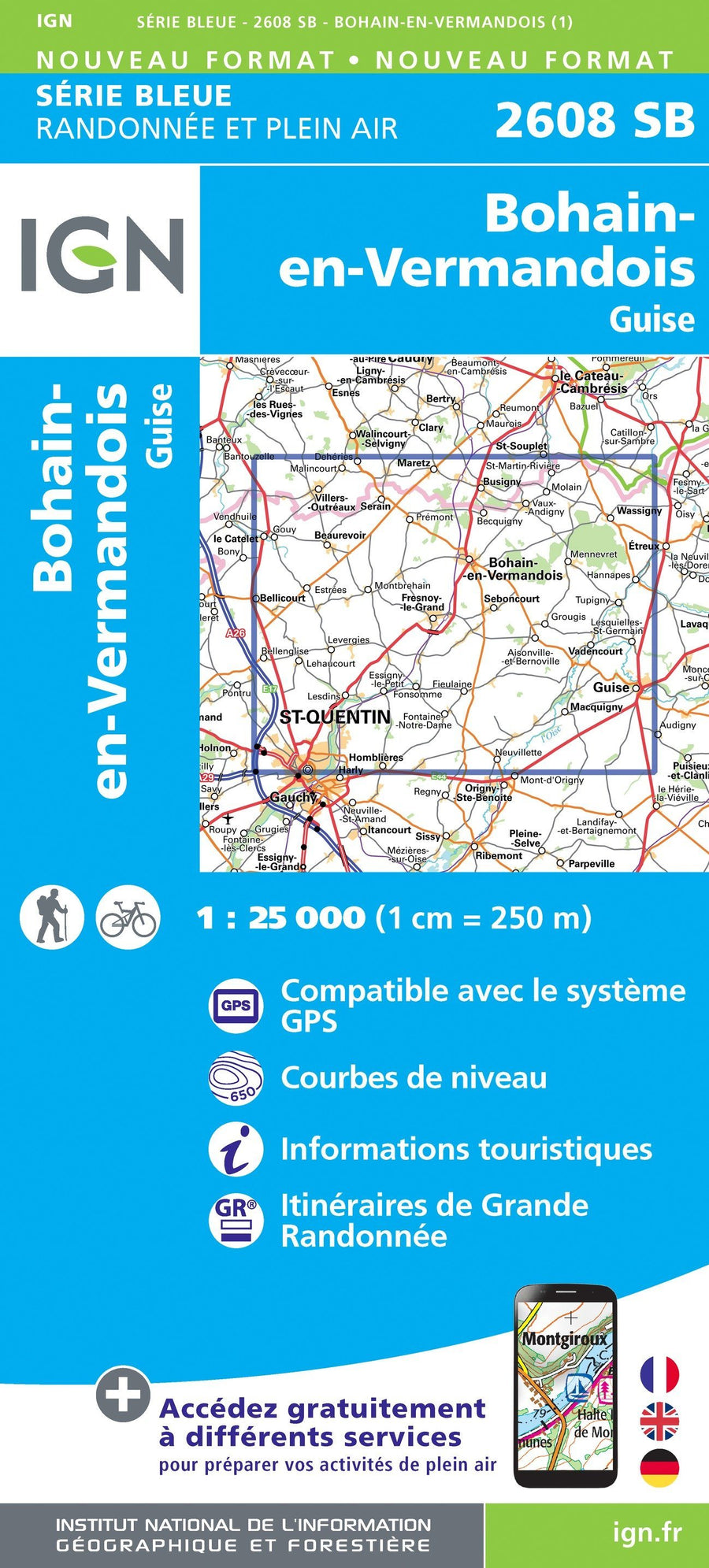 Carte de randonnée n° 2608 - Guise, Bohain-en-Vermandois | IGN - Série Bleue carte pliée IGN 