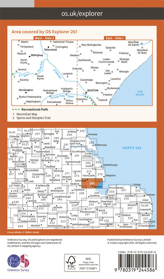 Carte de randonnée n° 261 - Boston (Grande Bretagne) | Ordnance Survey - Explorer carte pliée Ordnance Survey Papier 