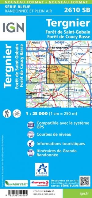 Carte de randonnée n° 2610 - Tergnier, Forêt de Saint-Gobain, Forêt de Coucy Basse | IGN - Série Bleue carte pliée IGN 