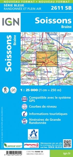 Carte de randonnée n° 2611 - Soissons, Braine | IGN - Série Bleue carte pliée IGN 