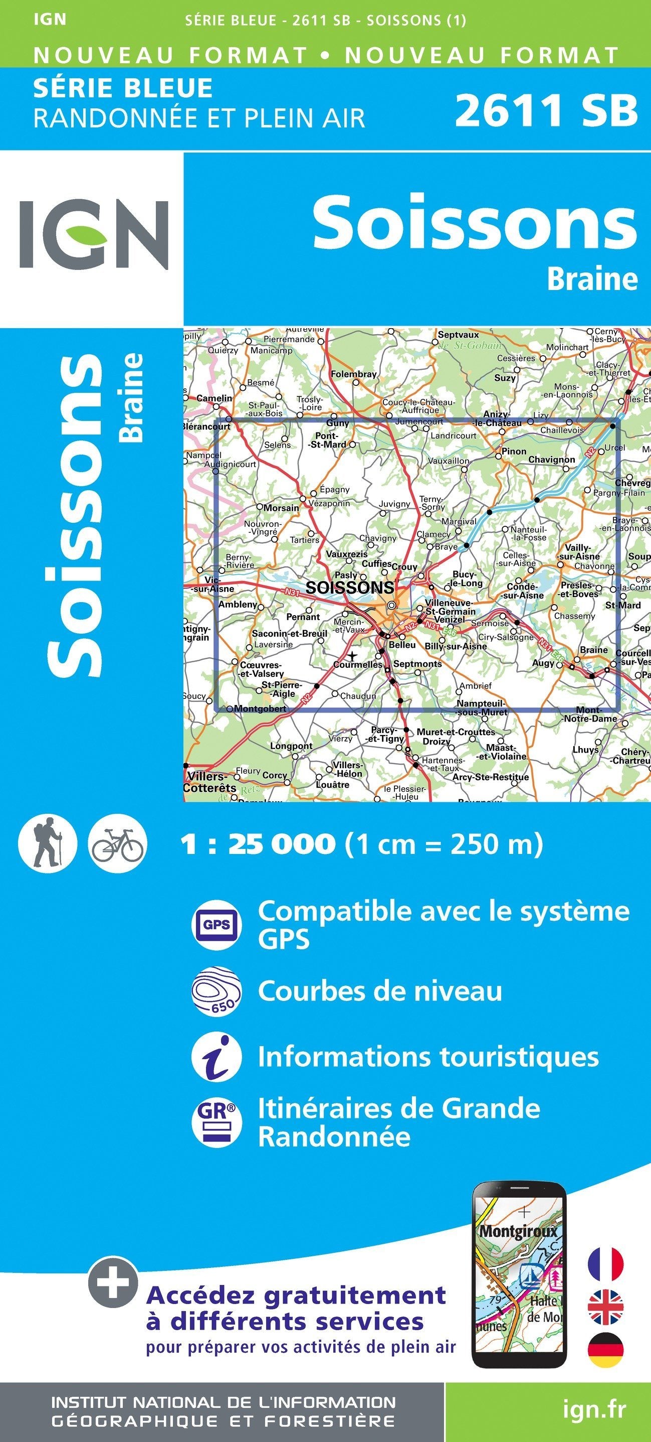 Carte de randonnée n° 2611 - Soissons, Braine | IGN - Série Bleue carte de randonnée IGN
