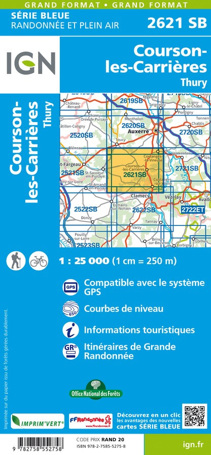 Carte de randonnée n° 2621 - Courson-les-Carrières, Thury | IGN - Série Bleue carte pliée IGN 