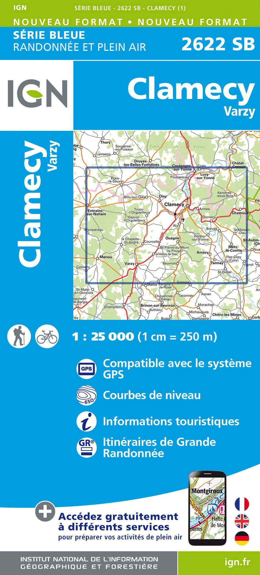 Carte de randonnée n° 2622 - Clamecy, Varzy - VERSION MURALE ET PLASTIFIEE | IGN - Série Bleue carte murale grand tube IGN 