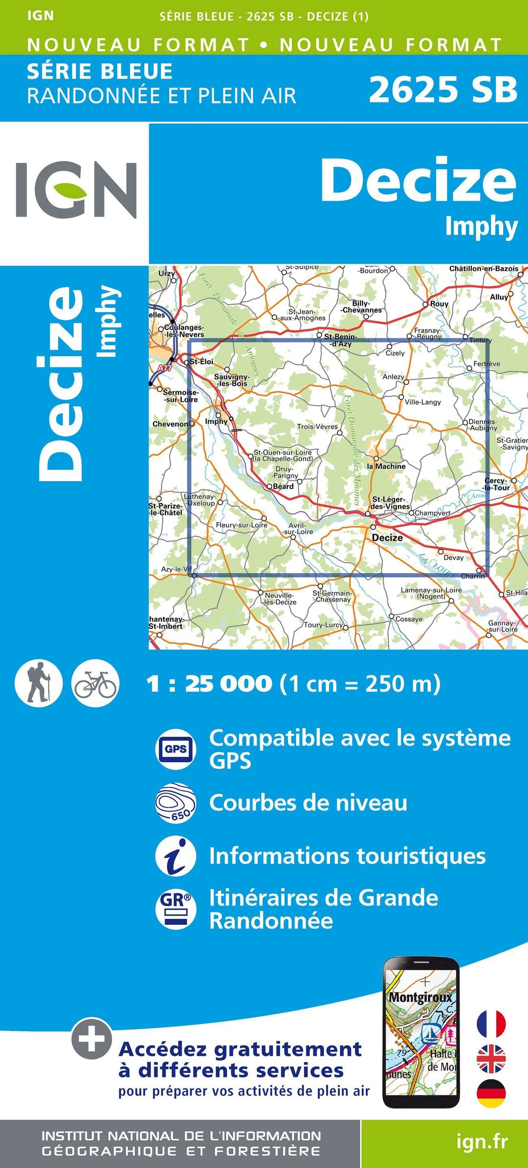 Carte de randonnée n° 2625 - Decize, Imphy | IGN - Série Bleue carte pliée IGN 